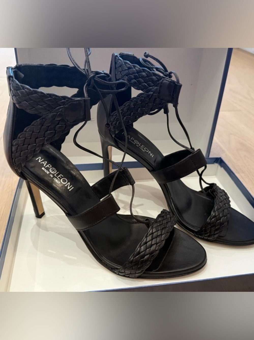 Napoleoni Black Braided Leather Heels Made in Italy Size 10 Strappy Sandals Luxe